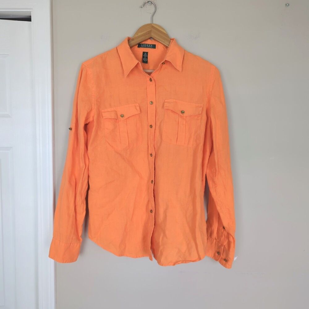 Lauren Ralph Lauren Orange 100% Linen Button Down Shirt Embroidered Logo Medium